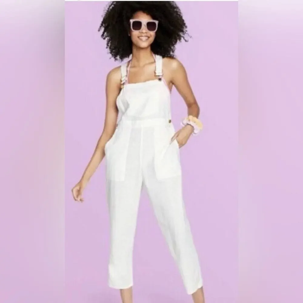 UEC Stoney Clover Lane White Linen Rayon Blend Cropped Overalls SZ M